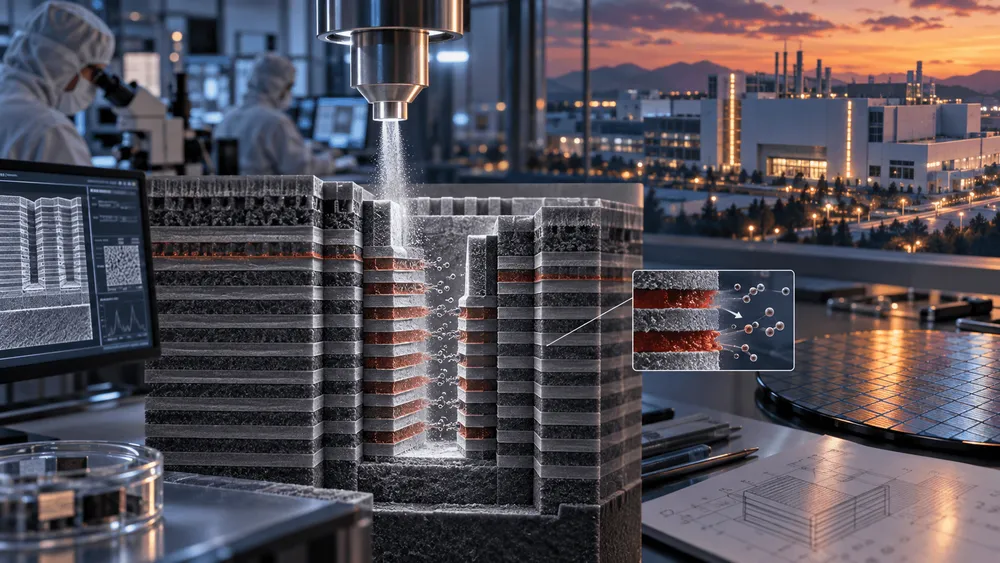 半導体製造プロセスのカットモデルと工場背景