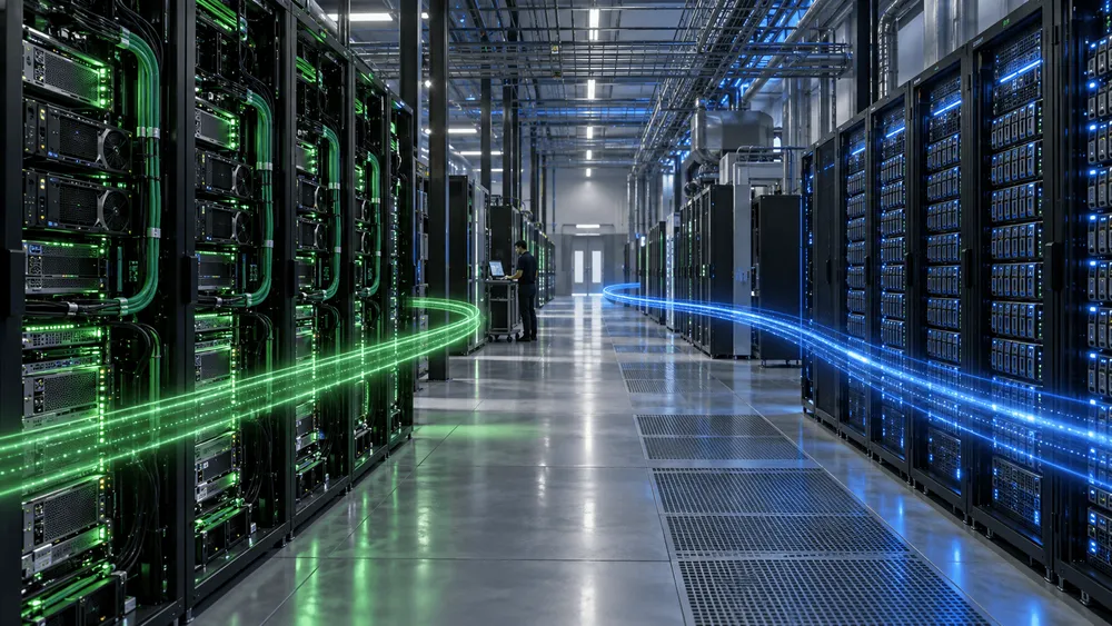 光が流れる、サーバーが並ぶ巨大なデータセンター