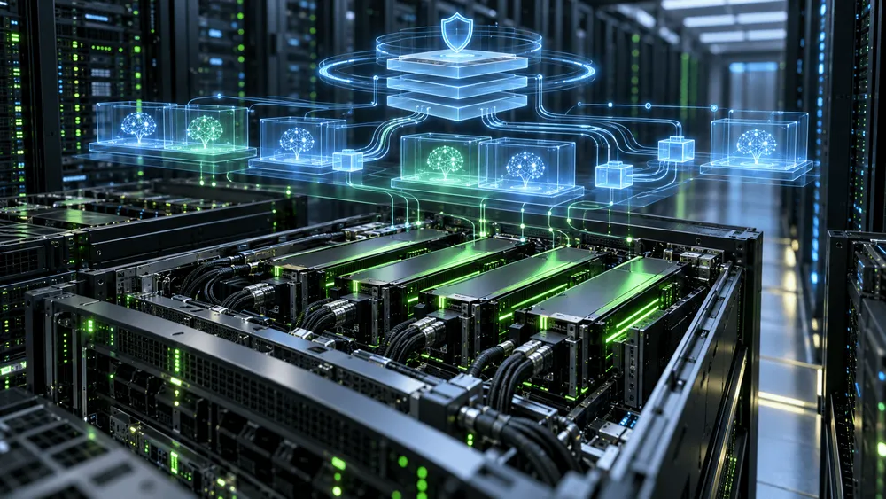 データセンターのGPUサーバーとAIネットワークを示す図
