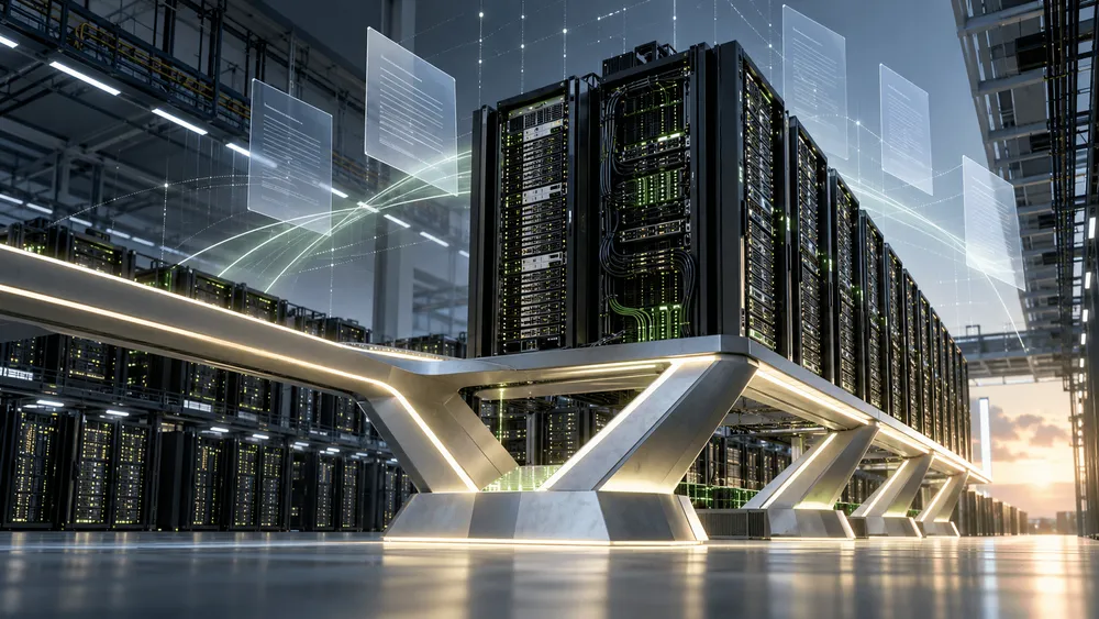 データセンターのサーバーラックが並び、floating文書ア