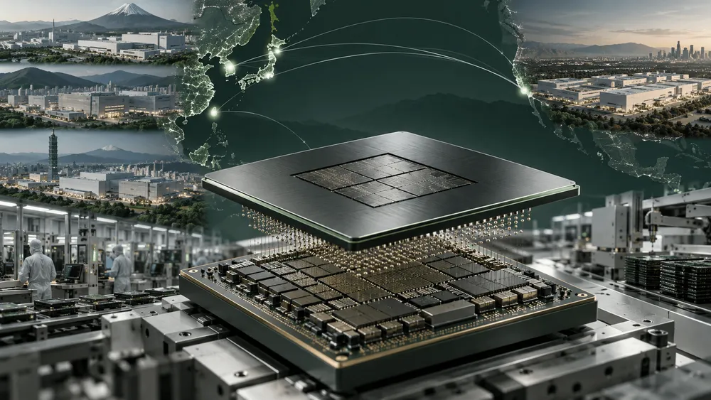 半導体パッケージと、日本・台湾・米国の工場や地図を組み合わせ