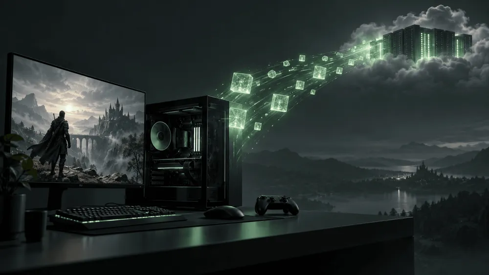 ゲーミングPCとモニターが置かれた机から、緑の光の立方体が雲
