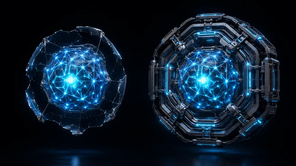 青く光る球体と機械的な球体