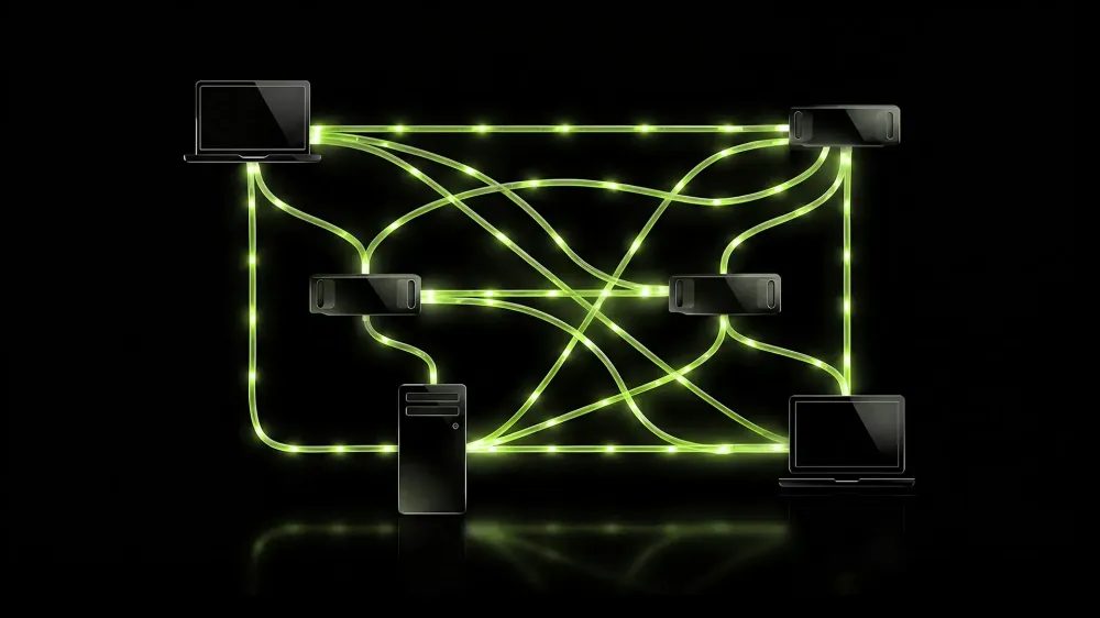 光ケーブルで接続された5台のコンピュータのネットワーク