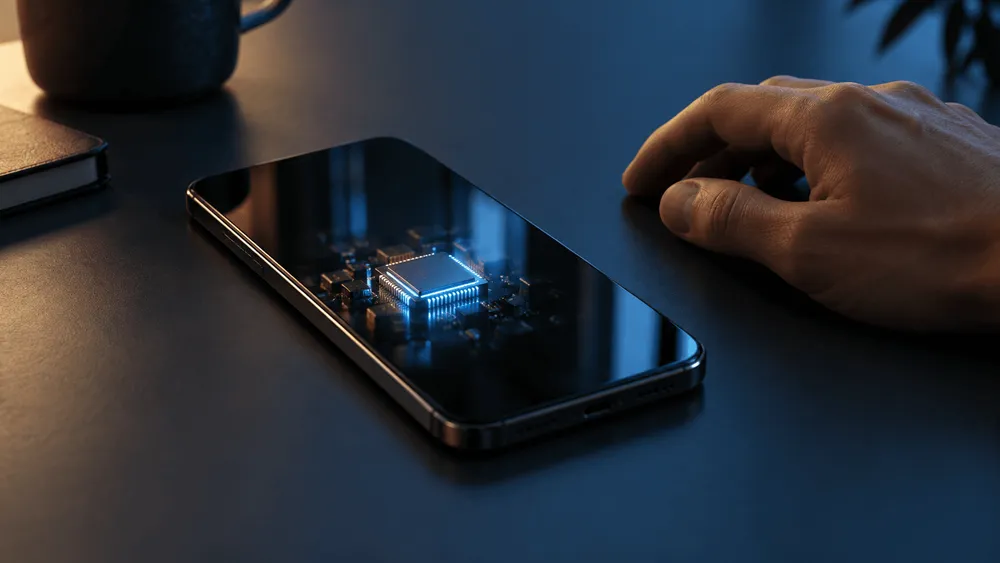スマートフォンの画面に光る半導体チップ