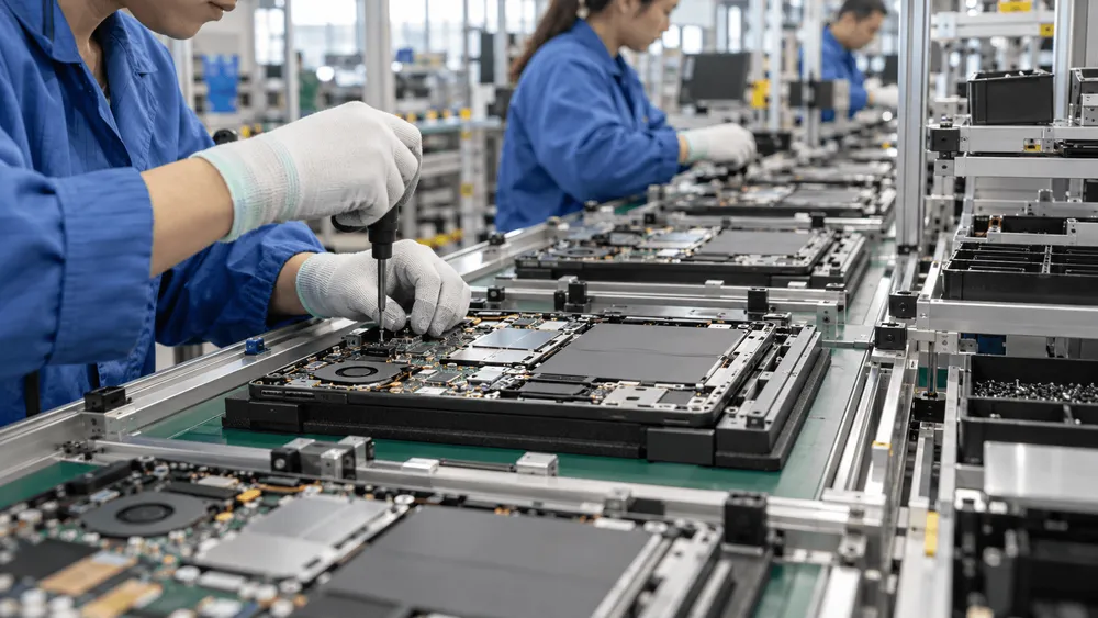ノートPCを組み立てる作業員たちの工場ライン