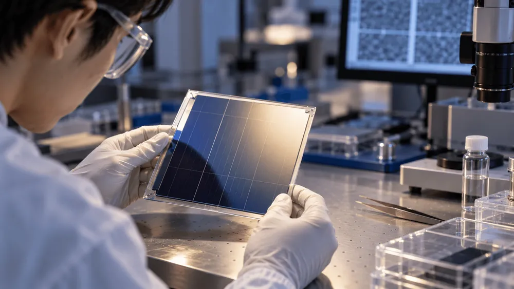 研究室内で太陽光パネルを検査する研究者