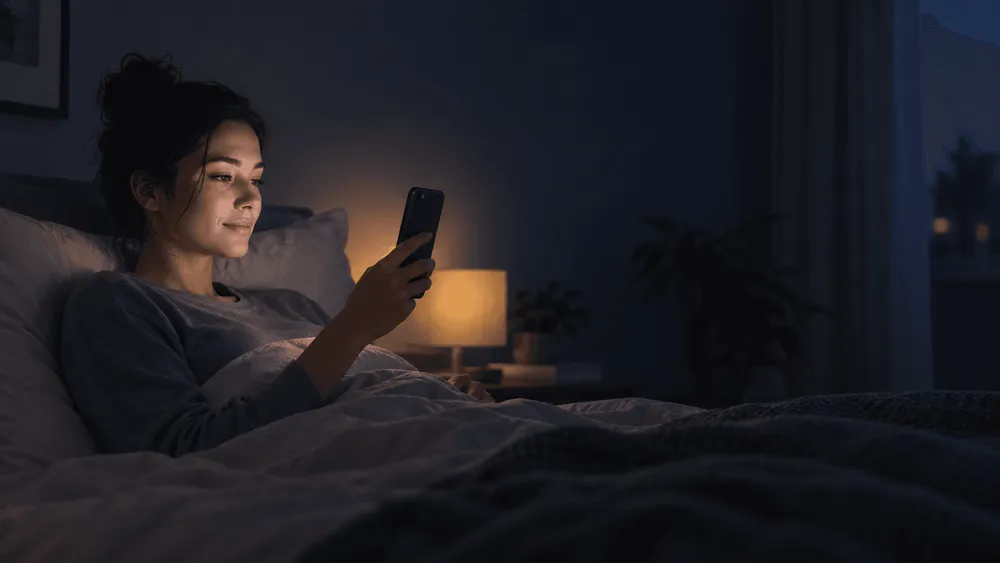 暗い部屋でベッドに横たわりスマホを見る女性