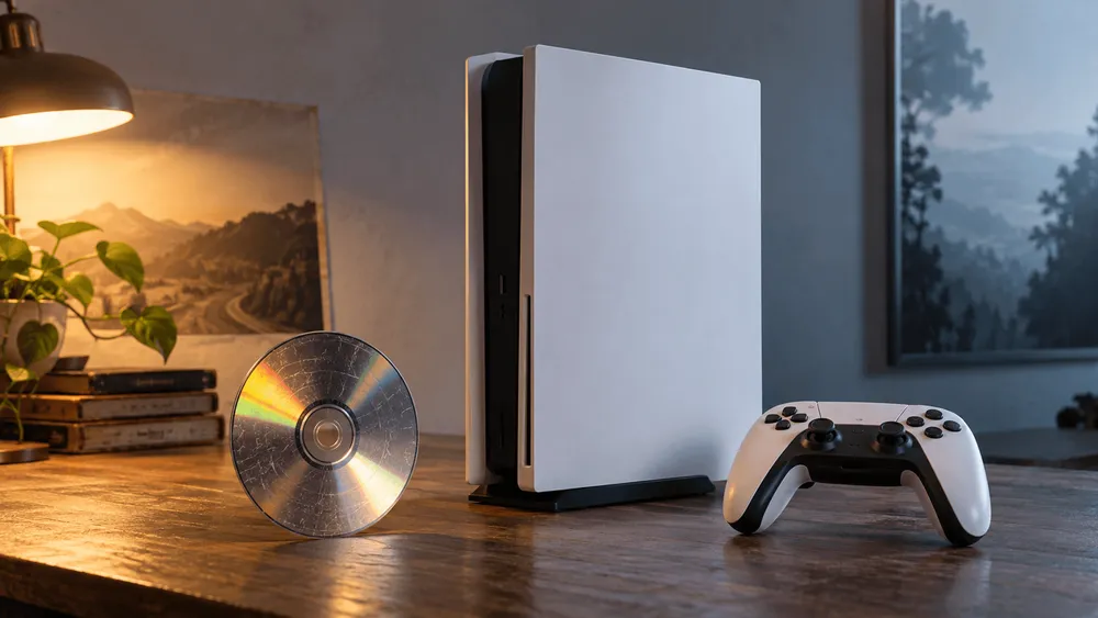 ゲーム機と傷のあるディスク、コントローラーが置かれた机