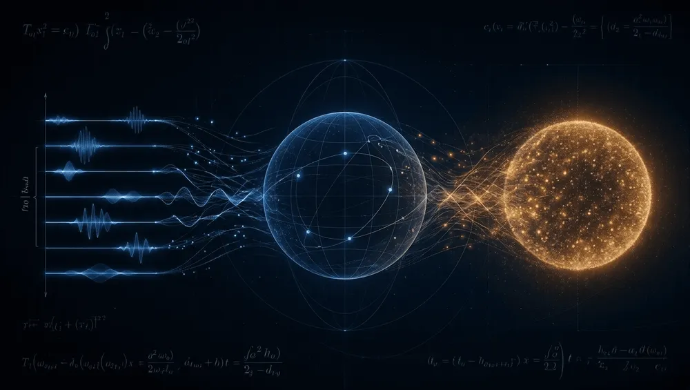 波形信号が球体を経て金色の光る球へ変換される様子を描いた図