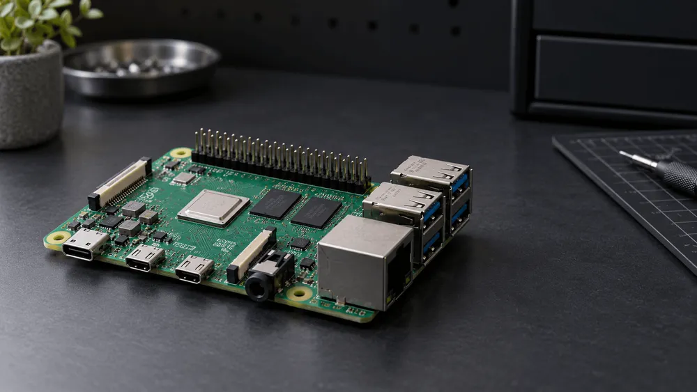 机の上に置かれたシングルボードコンピュータ「Raspberr