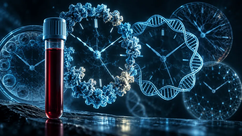 血液サンプルとDNA、時計のCGイラスト