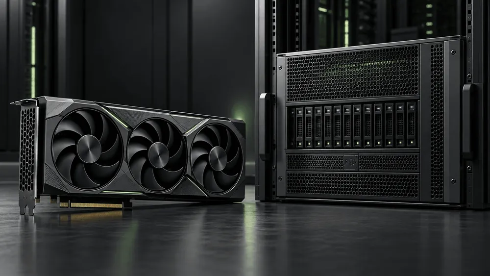 GPUグラフィックスカードとサーバーラックを並べた黒い機器の