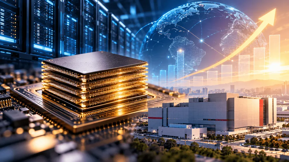 半導体チップとデータセンター、世界地図、成長グラフを組み合わ