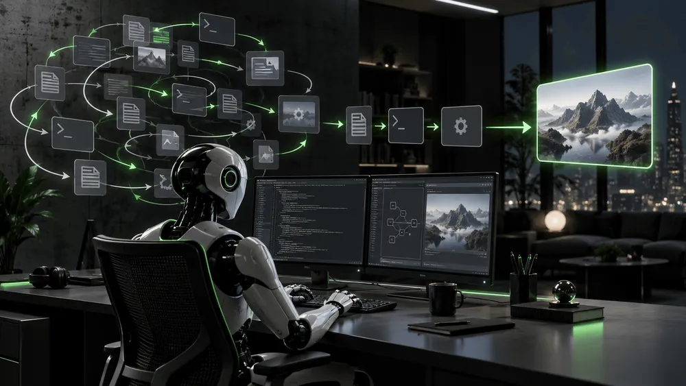 ロボットがモニターに向かい、データ処理の様子が視覚化されてい