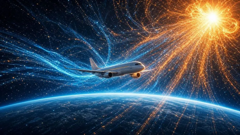 飛行機と地球、宇宙の光