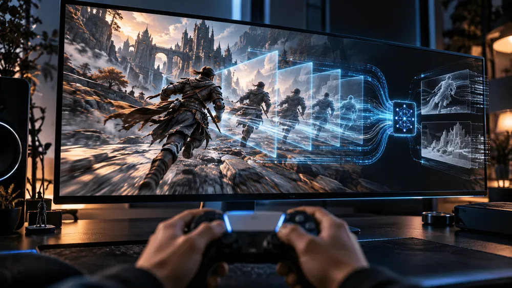 ゲームをプレイする人の手と、AIが複数フレームを処理するイメ
