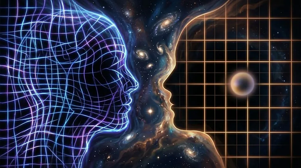 宇宙とグリッドに囲まれた二つの顔