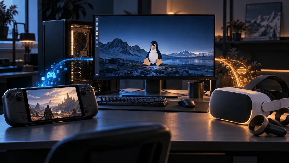 ゲーミングPCと周辺機器が並ぶデスク環境