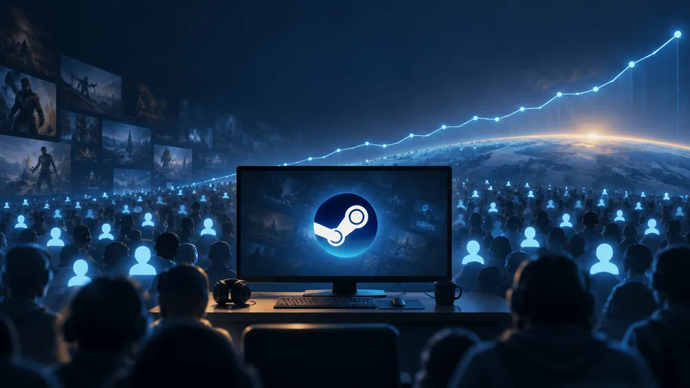 Steamのロゴが表示されたモニターと、増加する利用者を示す