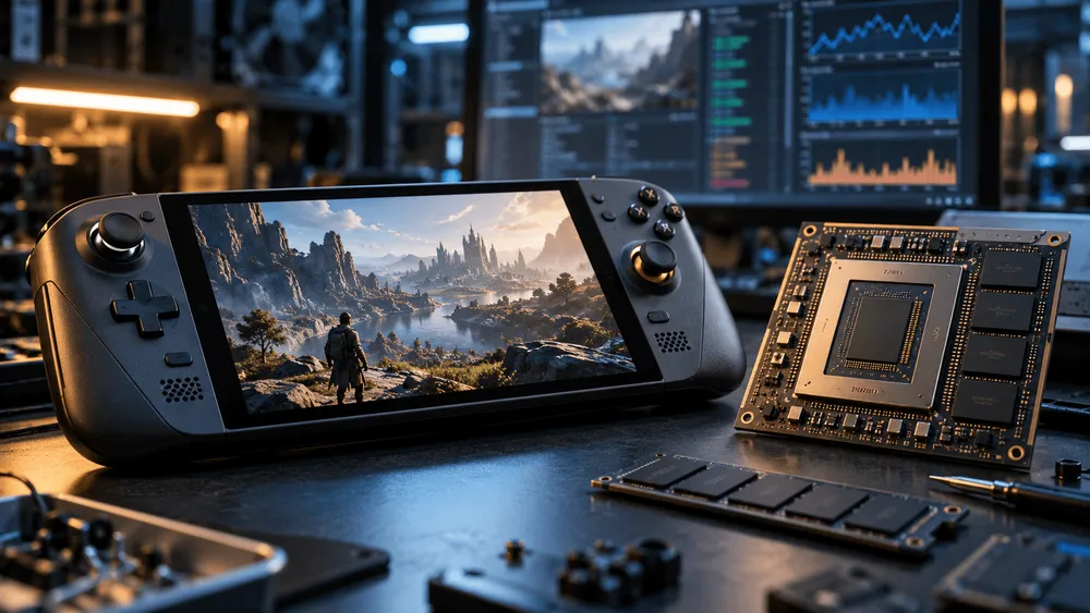 携帯型ゲーム機と基板、メモリが置かれた開発風景