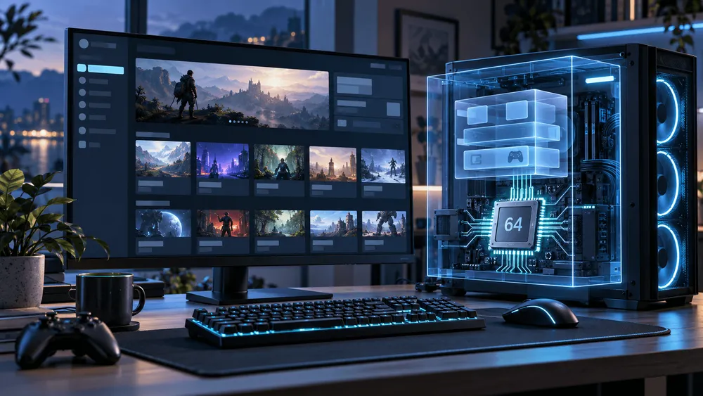 ゲーム機能付きのデスクトップPCとゲームライブラリ画面