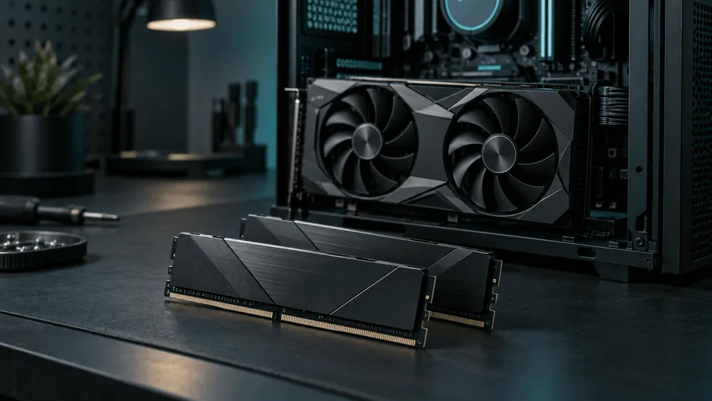 机上に置かれたRAMとPCケースの中のグラフィックボード