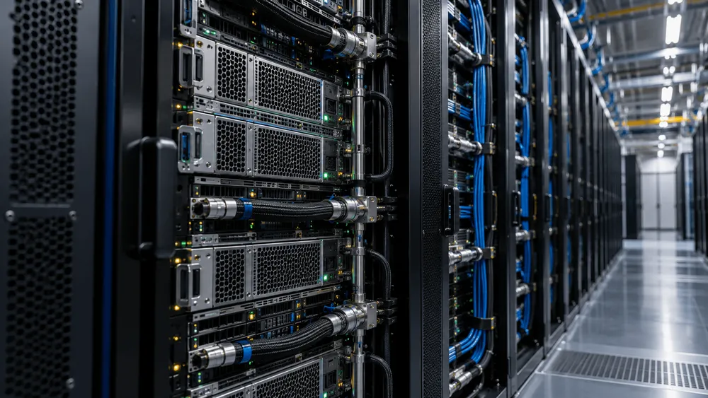 データセンターのサーバーラックが並ぶ通路
