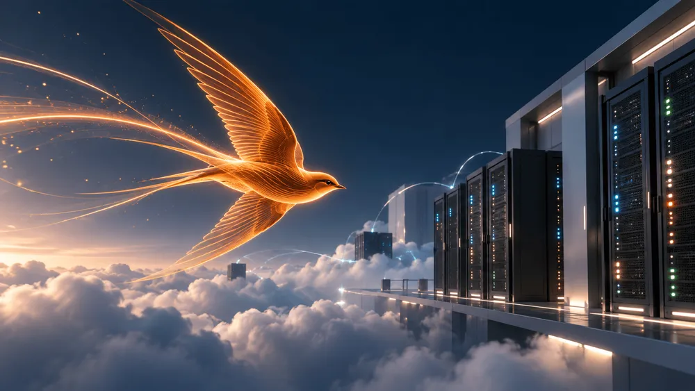 雲海の上空を飛ぶ光の鳥とサーバーラック