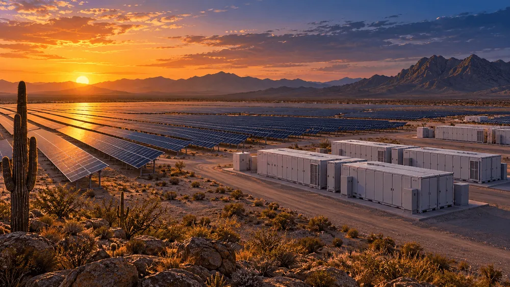 砂漠の夕日を背景に、太陽光パネルの列と白いコンテナ型蓄電池が