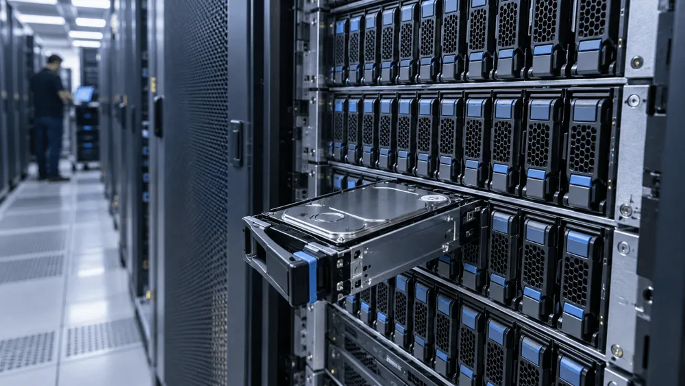 ハードディスクが取り外されているサーバーラック