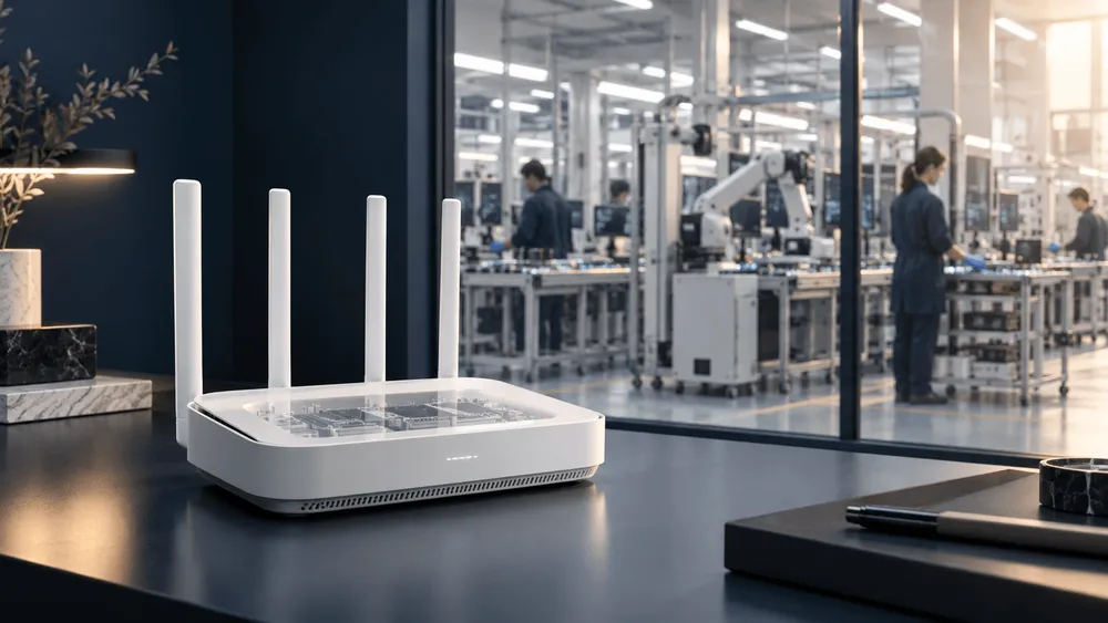 白い4本アンテナのWi-Fiルーターが、ガラス越しに工場で作