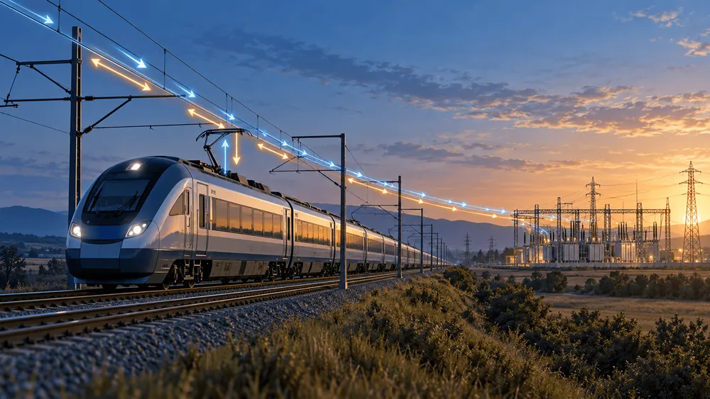 電化された鉄道の架線上を、矢印で示された電力の往復が流れる列