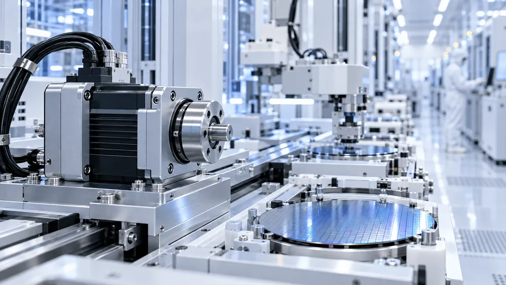 半導体製造工場のクリーンルームで、servoモーターとシリコ