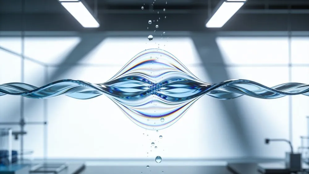 実験室の光の中で波打つ透明な液体と気泡。