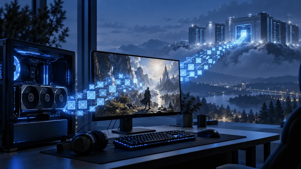PCから雲の上の都市へデータが流れる未来的なデスク環境