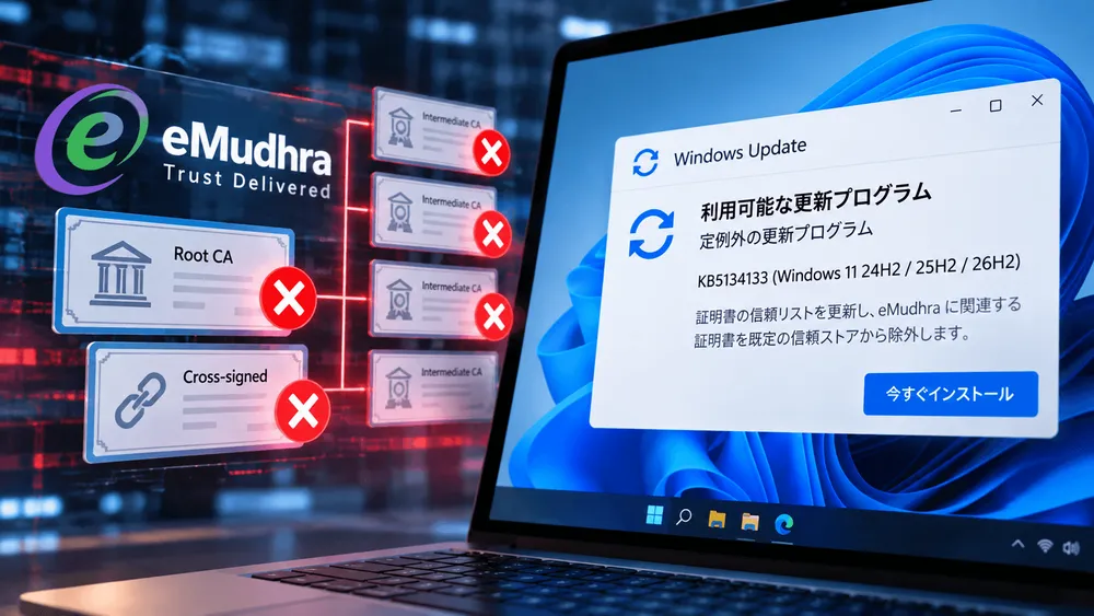 ノートPCの画面に表示されたWindows Update通知