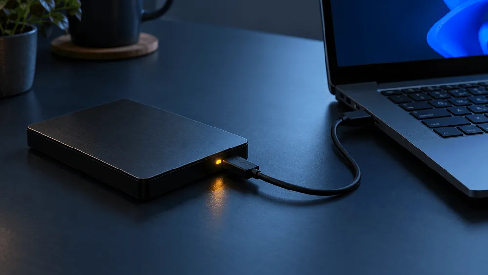 ノートパソコンにUSBで接続された黒い external ポ