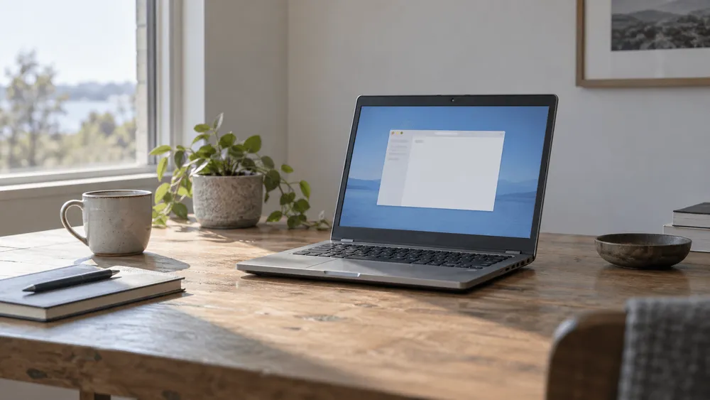 窓際の木製デスクにノートPCが置かれた部屋。