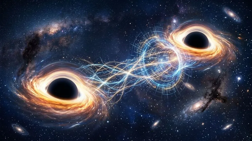 ブラックホール2つが光の糸で結ばれ、中央に数式が浮かぶ宇宙の