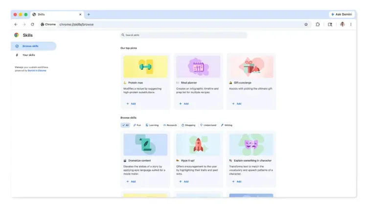 Google ChromeにGemini「Skills」が登場：定型プロンプトのワンクリック実行がもたらすブラウザ体験と生産性の変革