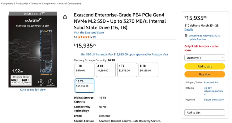 世界初の16TB M.2 SSD、Amazonに登場:価格はなんと驚きの約240万円