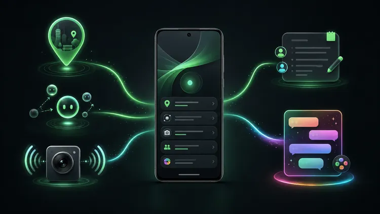 スマートフォンと様々な機能アイコンを示す概念図