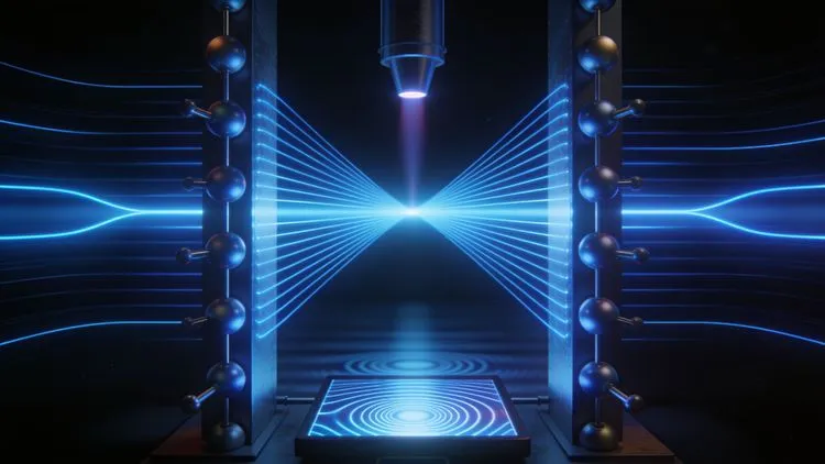 Shrinking Young's Double-Slit Experiment 10 Million-Fold Reveals Atoms Vibrating in Sync