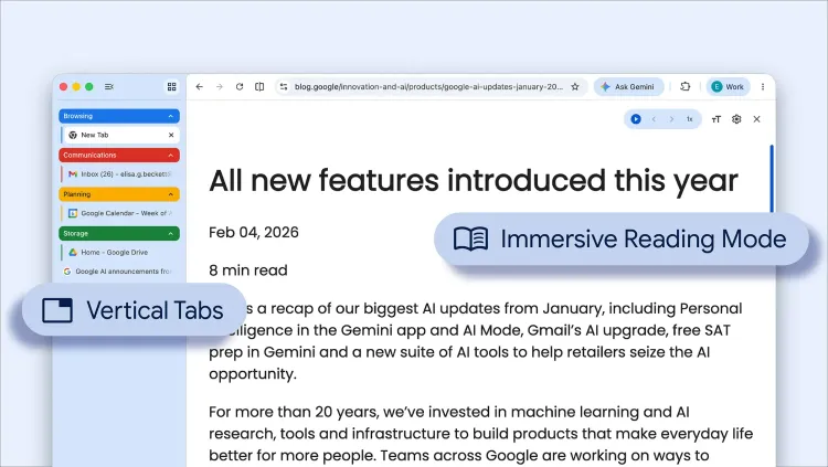 Google、Chromeに縦型タブと全画面リーディングモードを追加：4月8日から順次展開