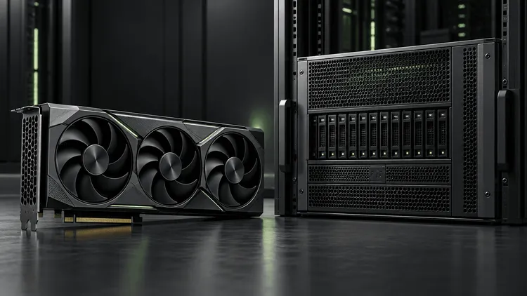 GPUグラフィックスカードとサーバーラックを並べた黒い機器の