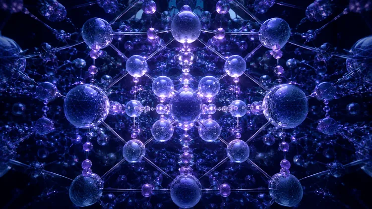 球体と線で構成された青紫の抽象的な構造