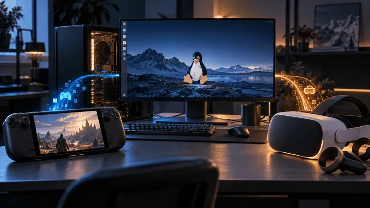 ゲーミングPCと周辺機器が並ぶデスク環境