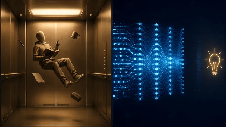 エレベーターで浮遊する人物とニューラルネットワーク