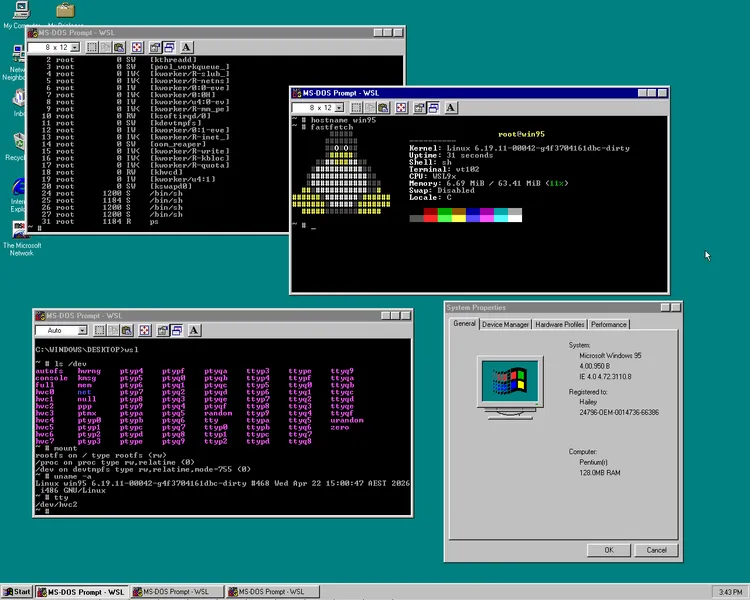Windows 95でLinux 6.19が動く「WSL9x」：GPFエラーをシステムコールに転用したハック